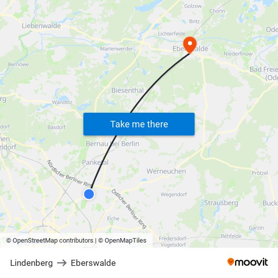 Lindenberg to Eberswalde map