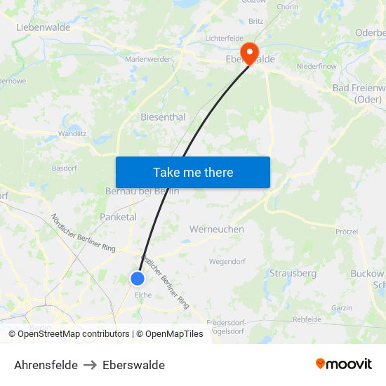 Ahrensfelde to Eberswalde map