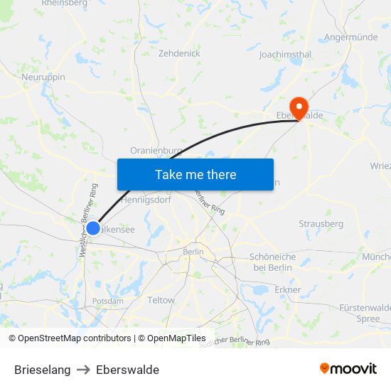 Brieselang to Eberswalde map