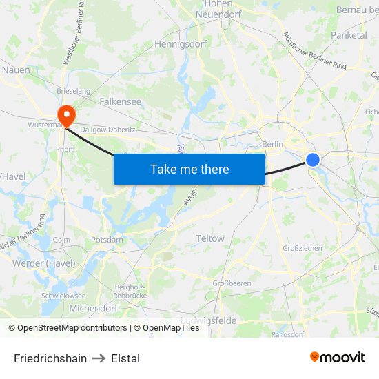 Friedrichshain to Elstal map