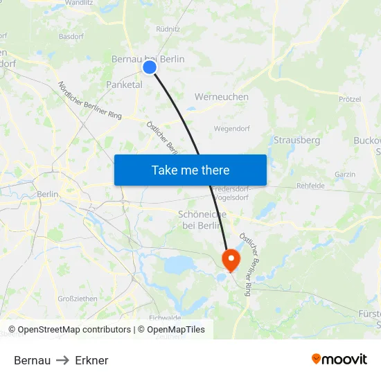 Bernau to Erkner map
