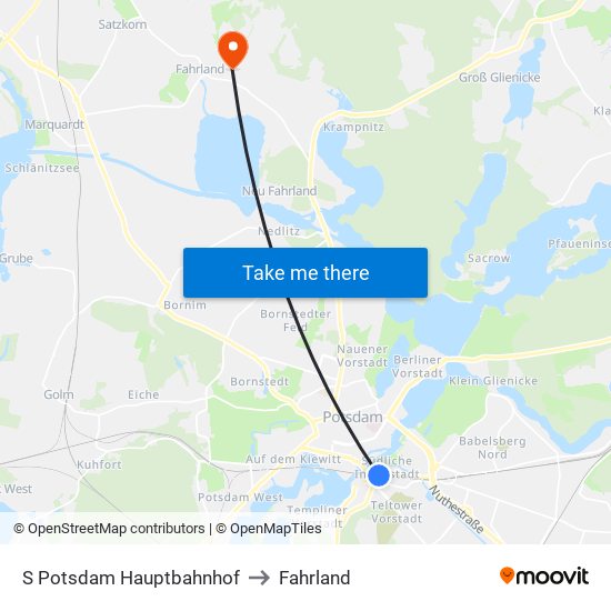 S Potsdam Hauptbahnhof to Fahrland map