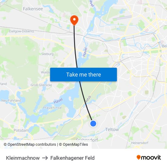 Kleinmachnow to Falkenhagener Feld map
