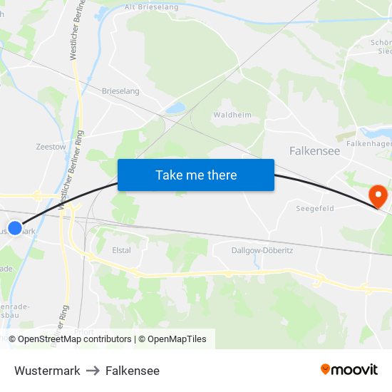 Wustermark to Falkensee map