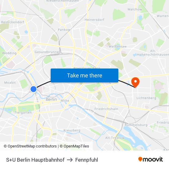 S+U Berlin Hauptbahnhof to Fennpfuhl map