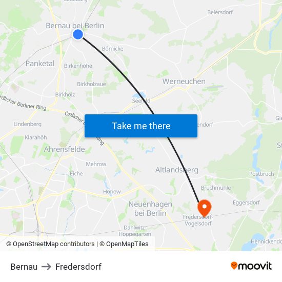 Bernau to Fredersdorf map