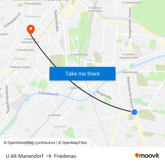 U Alt-Mariendorf to Friedenau map