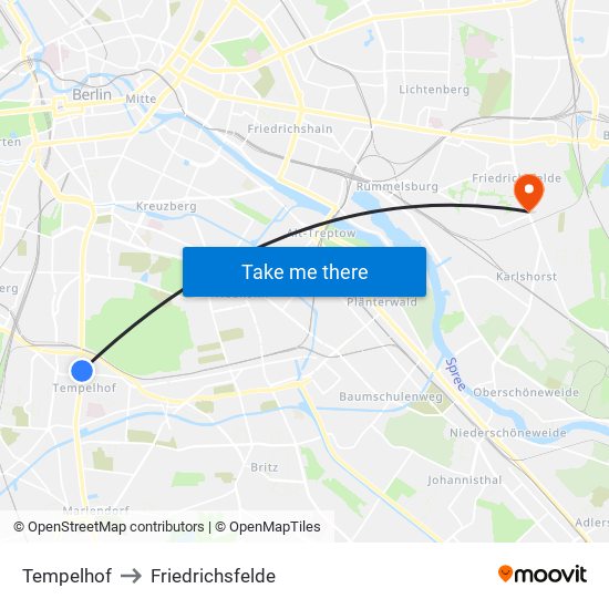 Tempelhof to Friedrichsfelde map