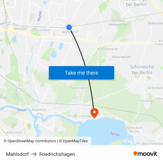 Mahlsdorf to Friedrichshagen map
