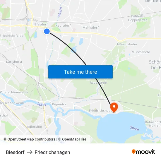 Biesdorf to Friedrichshagen map