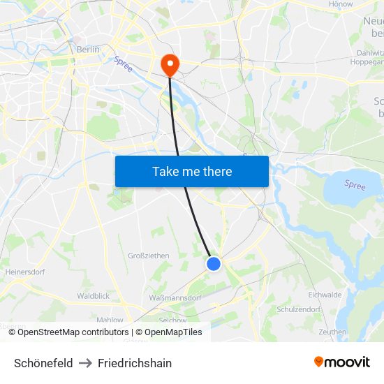 Schönefeld to Friedrichshain map