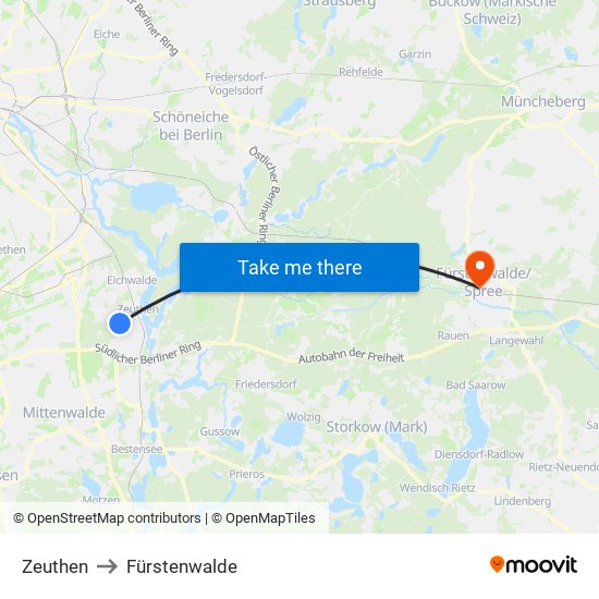Zeuthen to Fürstenwalde map