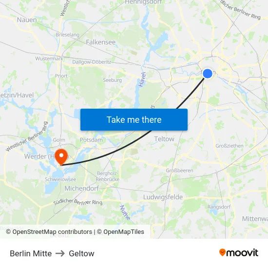 Berlin Mitte to Geltow map