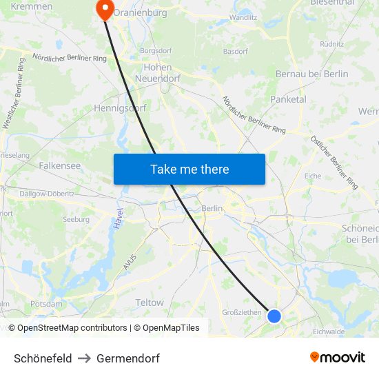 Schönefeld to Germendorf map