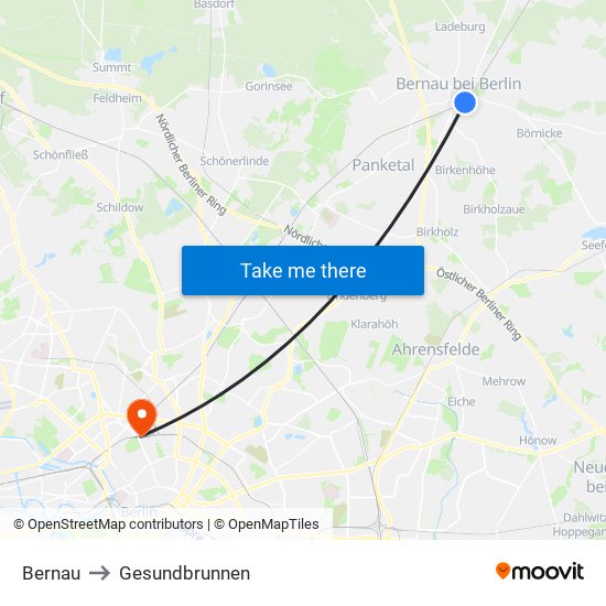 Bernau to Gesundbrunnen map