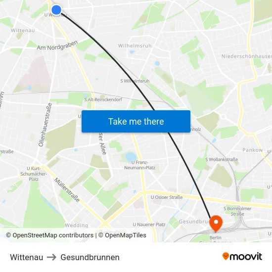 Wittenau to Gesundbrunnen map
