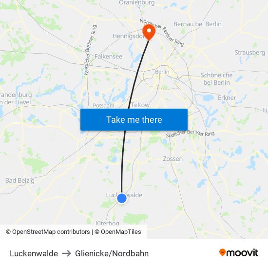Luckenwalde to Glienicke/Nordbahn map