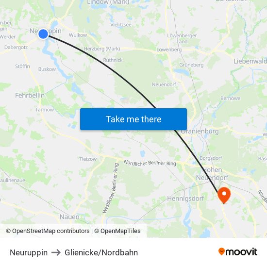 Neuruppin to Glienicke/Nordbahn map