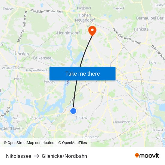 Nikolassee to Glienicke/Nordbahn map