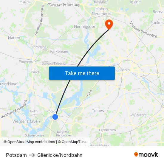 Potsdam to Glienicke/Nordbahn map