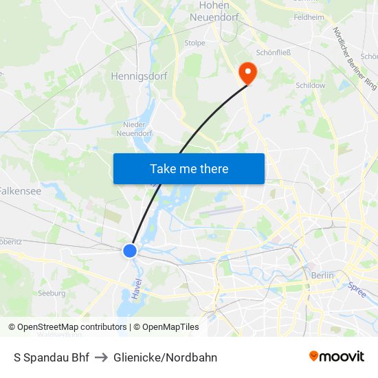 S Spandau Bhf to Glienicke/Nordbahn map
