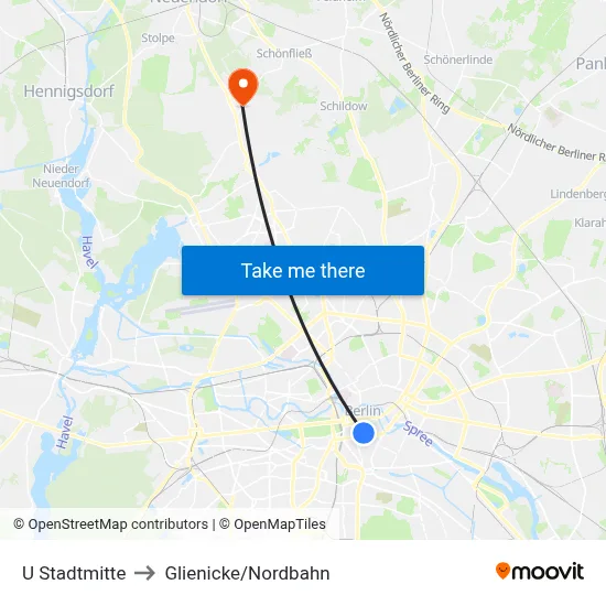 U Stadtmitte to Glienicke/Nordbahn map