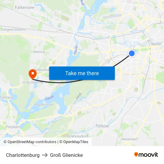 Charlottenburg to Groß Glienicke map