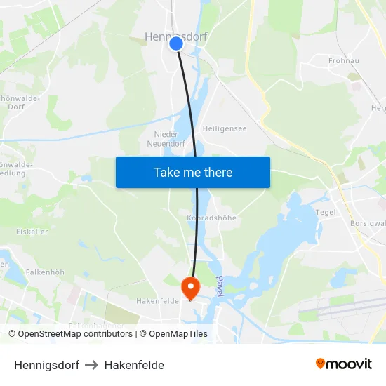 Hennigsdorf to Hakenfelde map
