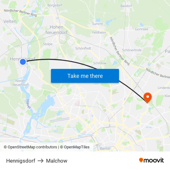 Hennigsdorf to Malchow map