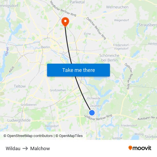 Wildau to Malchow map