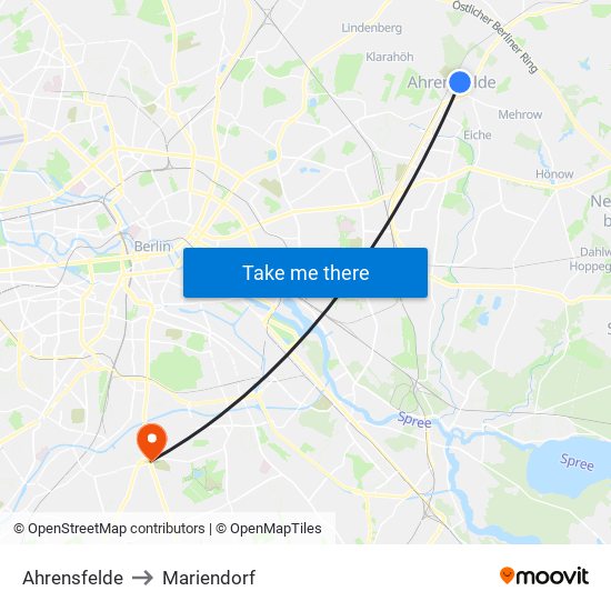 Ahrensfelde to Mariendorf map