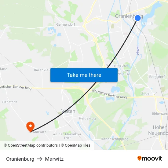 Oranienburg to Marwitz map
