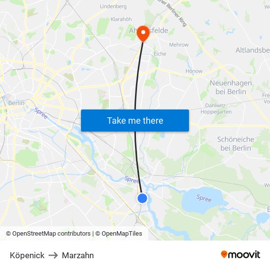 Köpenick to Marzahn map
