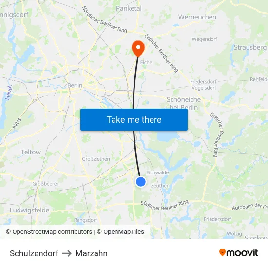 Schulzendorf to Marzahn map