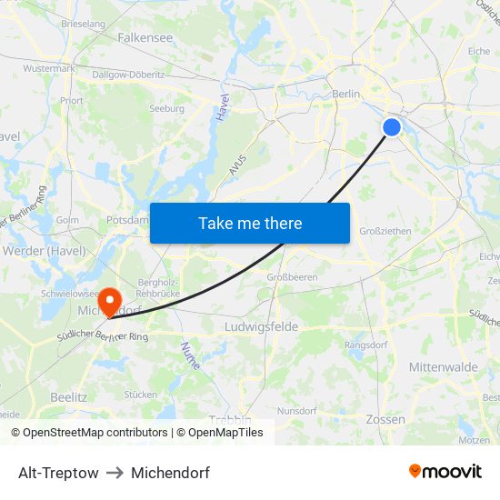 Alt-Treptow to Michendorf map