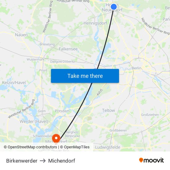 Birkenwerder to Michendorf map