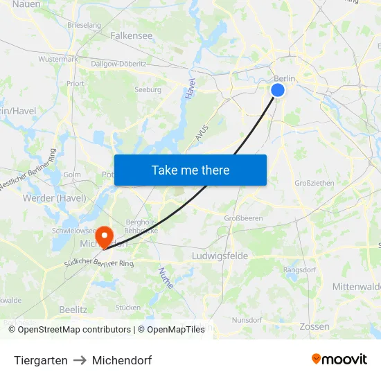 Tiergarten to Michendorf map