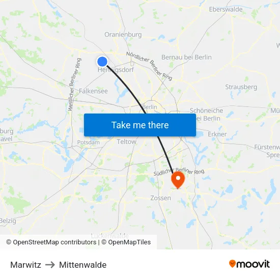 Marwitz to Mittenwalde map