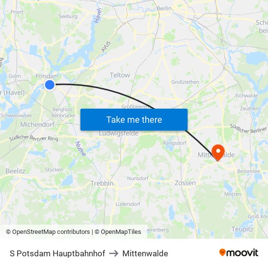 S Potsdam Hauptbahnhof to Mittenwalde map