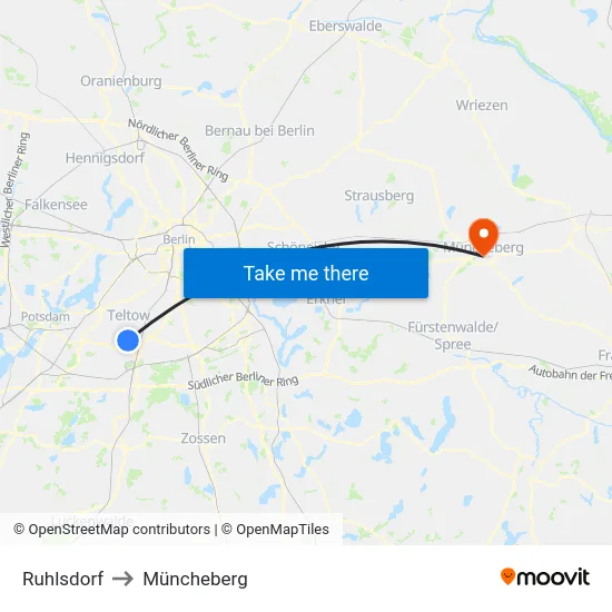 Ruhlsdorf to Müncheberg map