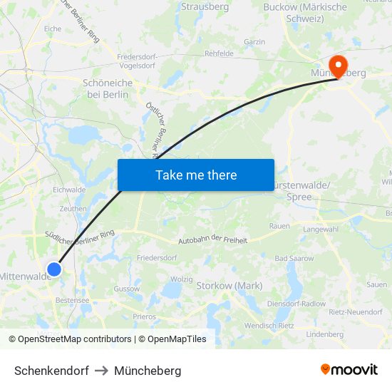 Schenkendorf to Müncheberg map