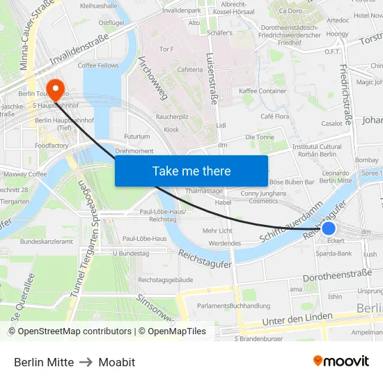 Berlin Mitte to Moabit map