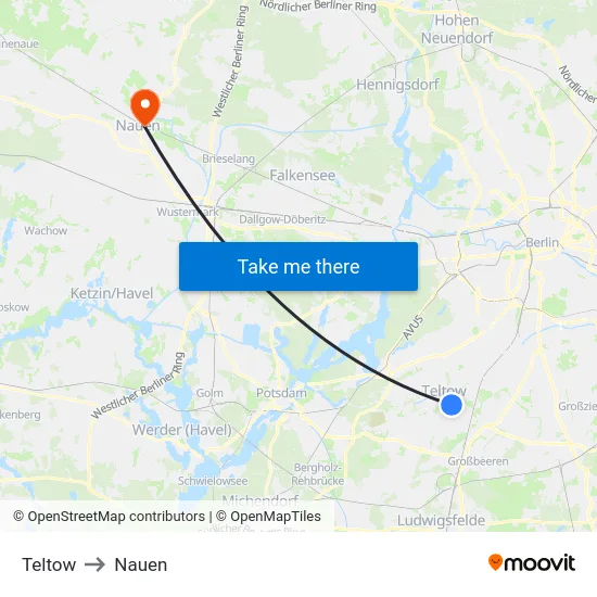Teltow to Nauen map