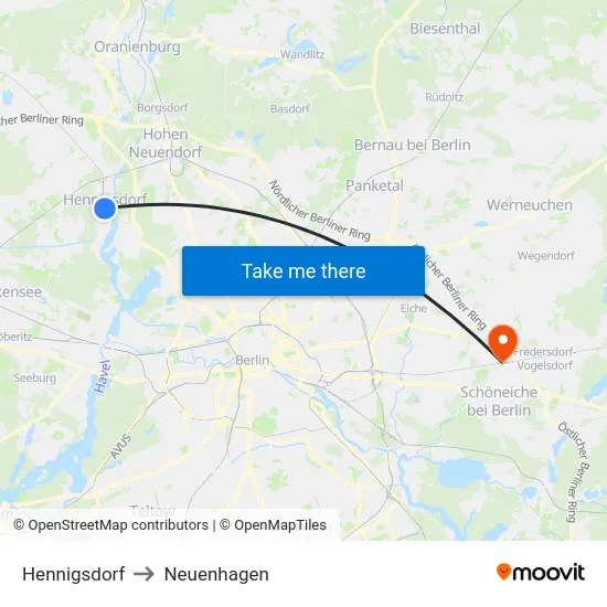 Hennigsdorf to Neuenhagen map