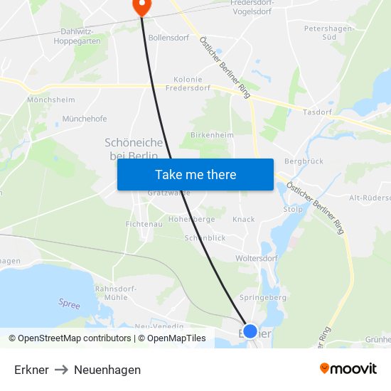 Erkner to Neuenhagen map