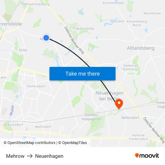 Mehrow to Neuenhagen map