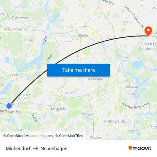 Michendorf to Neuenhagen map