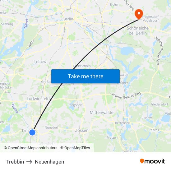 Trebbin to Neuenhagen map