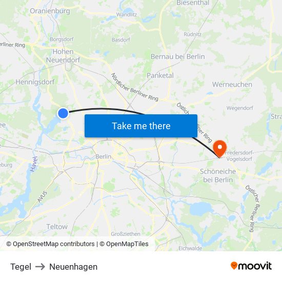 Tegel to Neuenhagen map