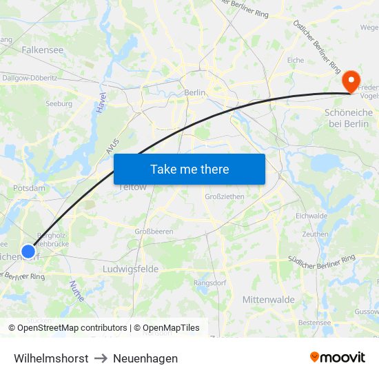 Wilhelmshorst to Neuenhagen map